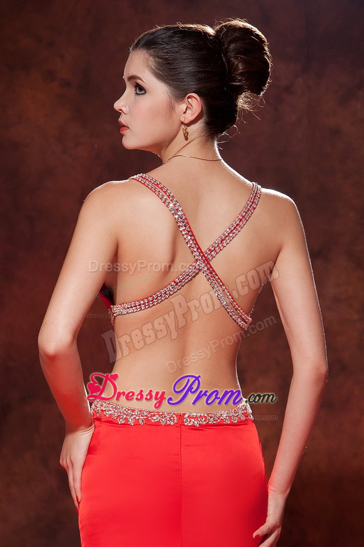 Red Brush Train Chiffon Prom Dress with Beading Spaghetti Straps