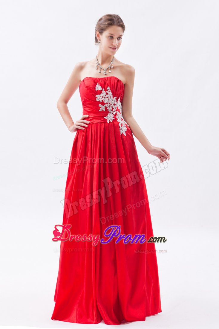 Cheap Appliques Ruched Red Taffeta Strapless Prom Celebrity Dress