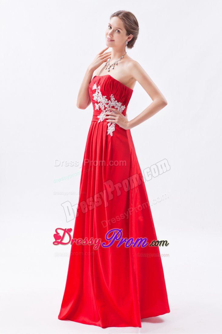 Cheap Appliques Ruched Red Taffeta Strapless Prom Celebrity Dress