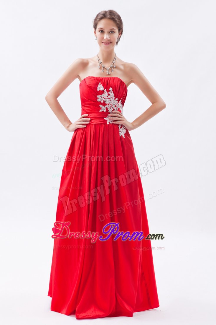 Cheap Appliques Ruched Red Taffeta Strapless Prom Celebrity Dress