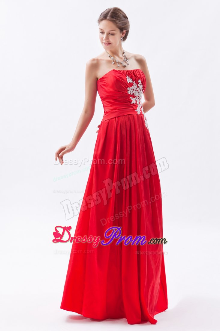 Cheap Appliques Ruched Red Taffeta Strapless Prom Celebrity Dress