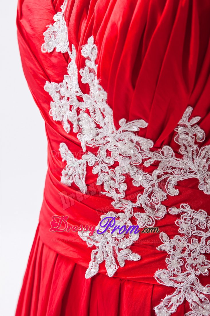 Cheap Appliques Ruched Red Taffeta Strapless Prom Celebrity Dress