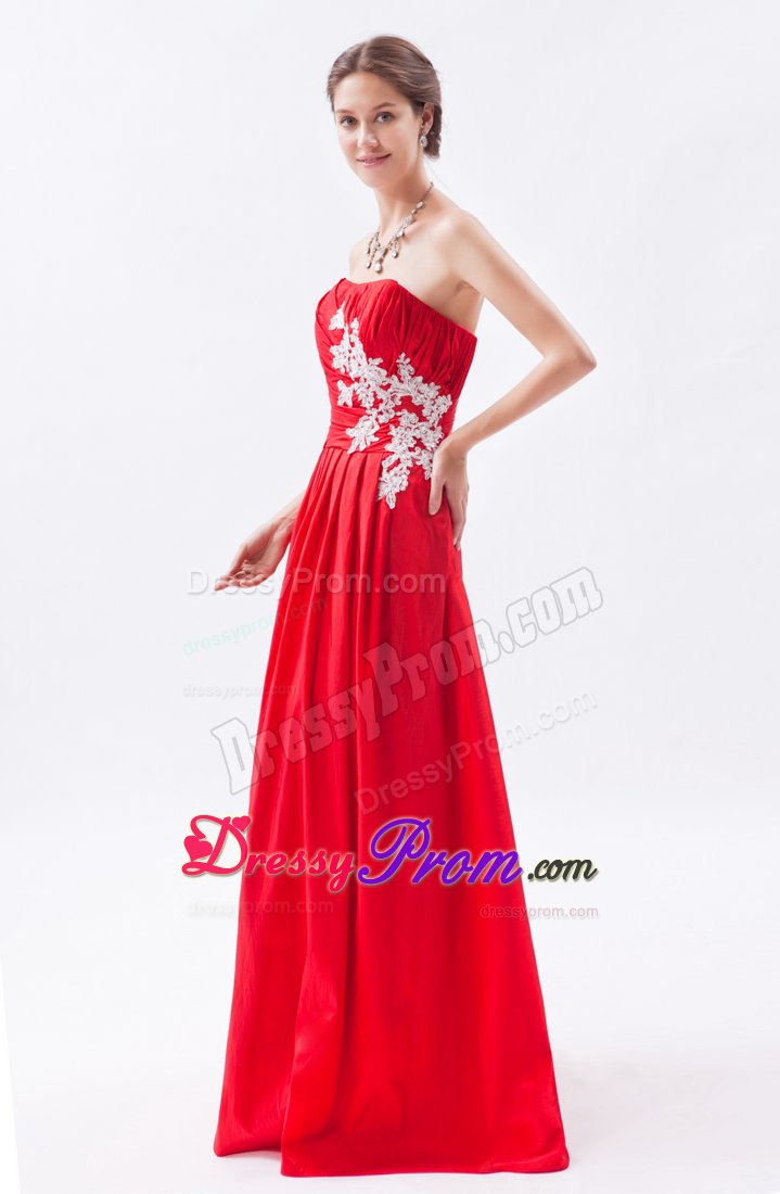 Cheap Appliques Ruched Red Taffeta Strapless Prom Celebrity Dress