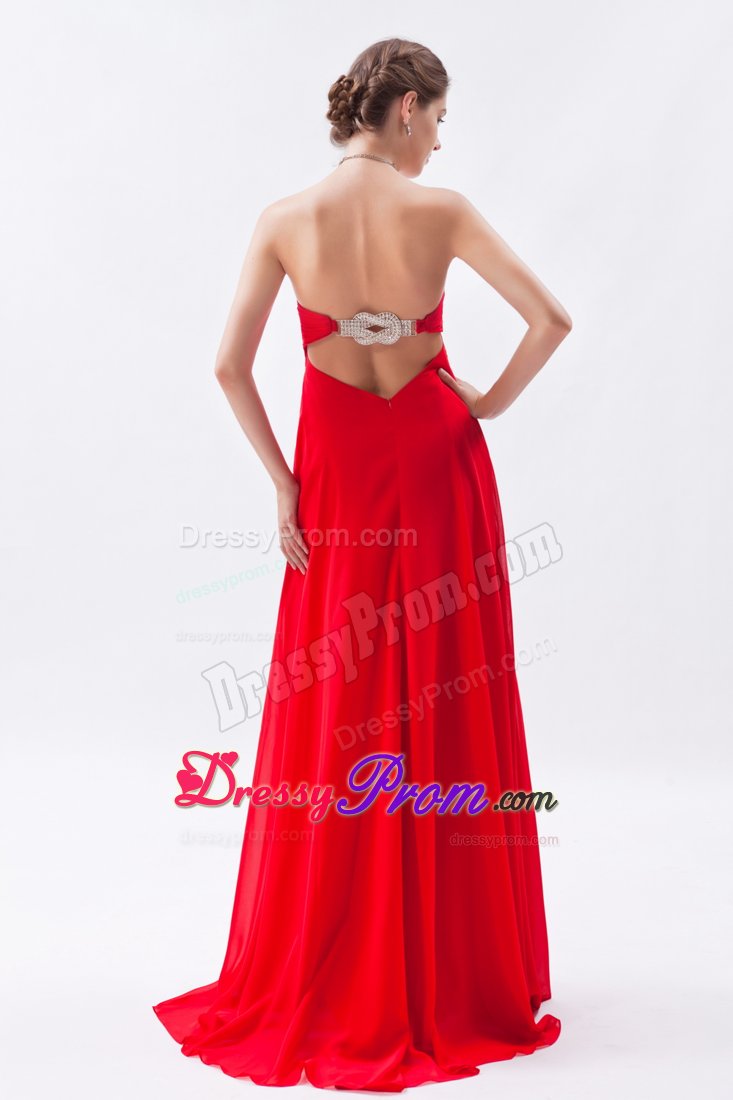 Red Ruched Chiffon Beading Graduation Prom Dress with Brush Train