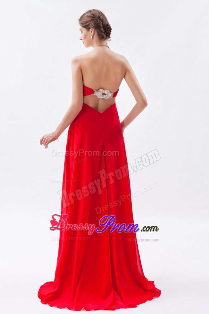 Red Ruched Chiffon Beading Graduation Prom Dress with Brush Train
