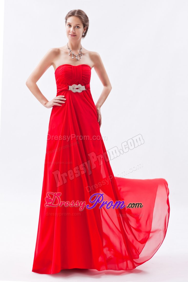 Red Ruched Chiffon Beading Graduation Prom Dress with Brush Train