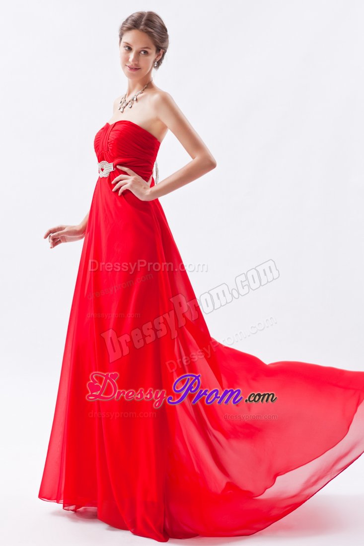 Red Ruched Chiffon Beading Graduation Prom Dress with Brush Train