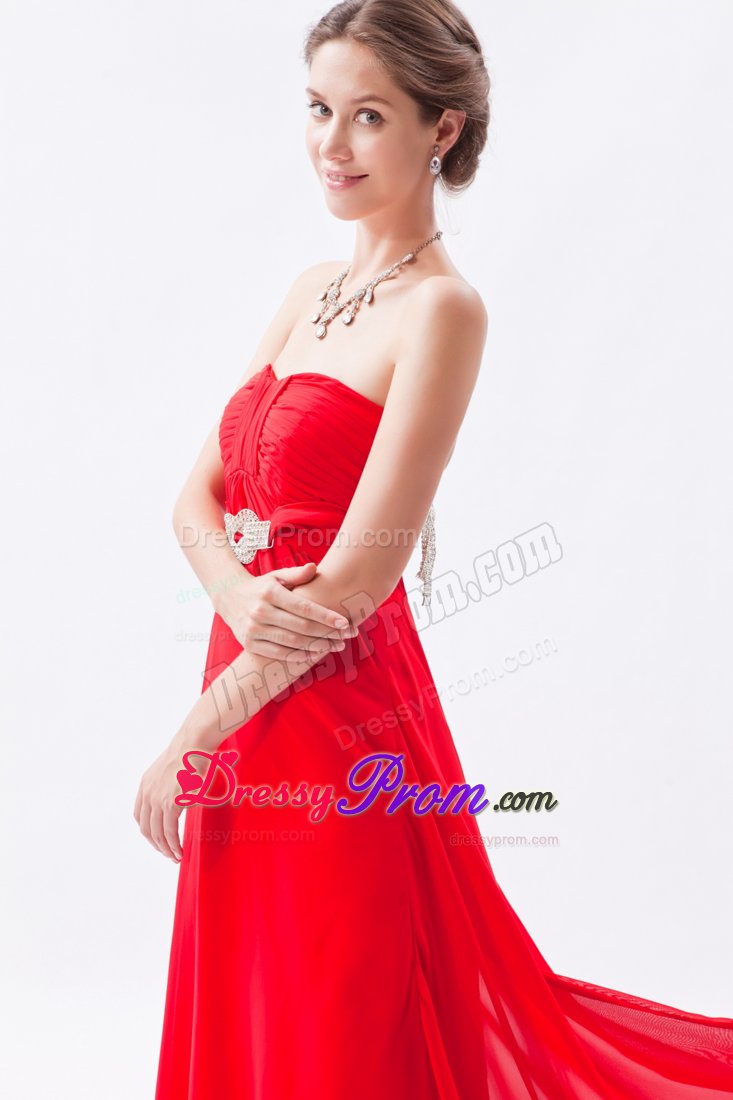 Red Ruched Chiffon Beading Graduation Prom Dress with Brush Train