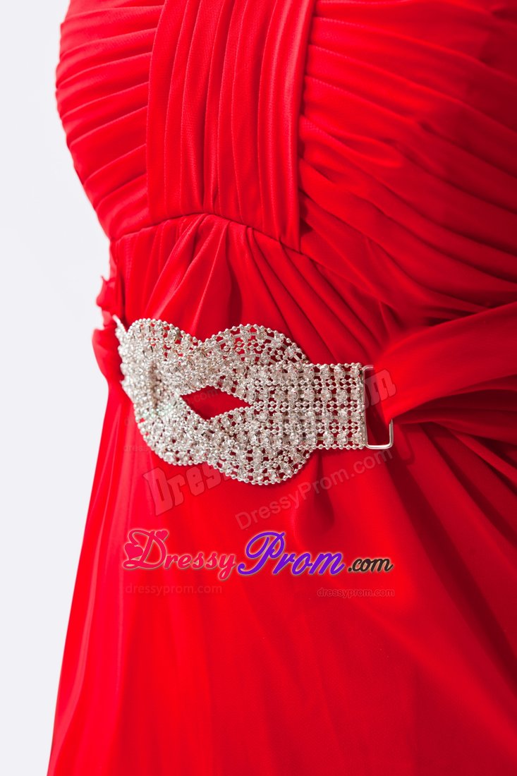 Red Ruched Chiffon Beading Graduation Prom Dress with Brush Train