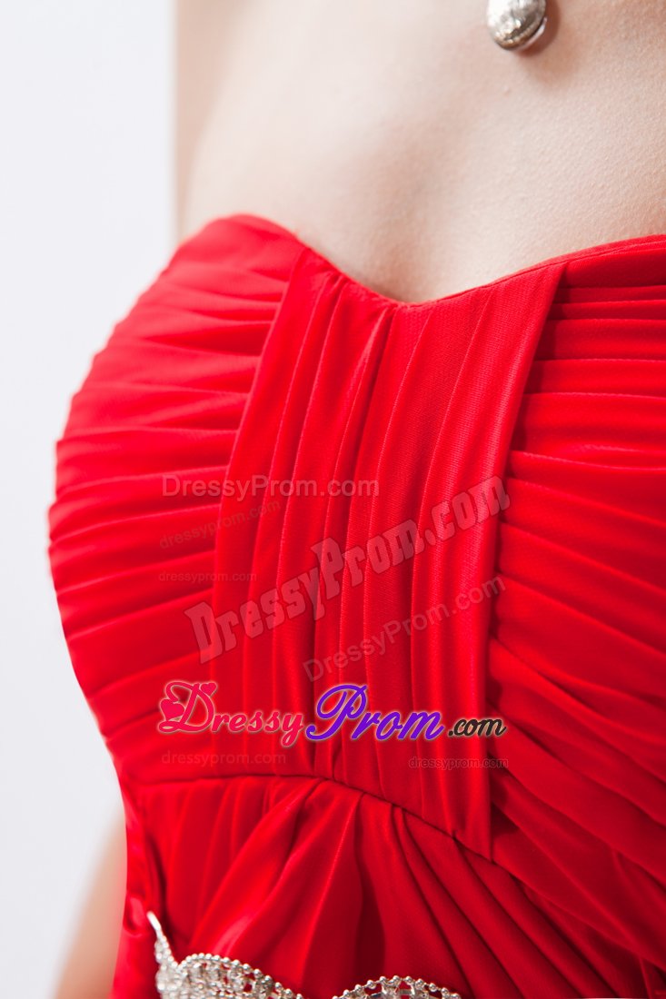 Red Ruched Chiffon Beading Graduation Prom Dress with Brush Train