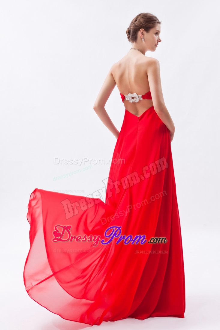 Red Ruched Chiffon Beading Graduation Prom Dress with Brush Train