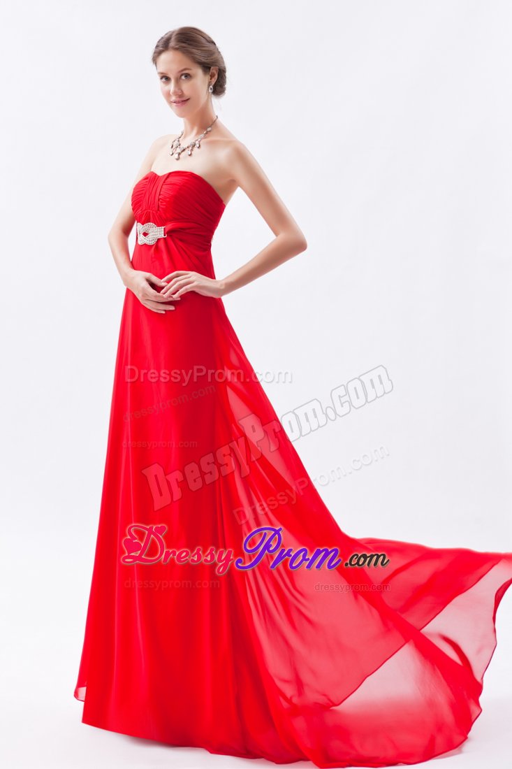 Red Ruched Chiffon Beading Graduation Prom Dress with Brush Train