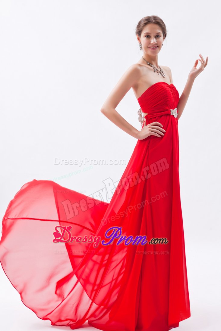 Red Ruched Chiffon Beading Graduation Prom Dress with Brush Train