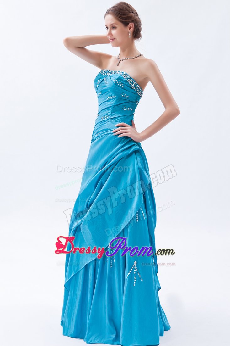 Teal Beading Strapless Taffeta Ruched Prom Dress for Formal Evening