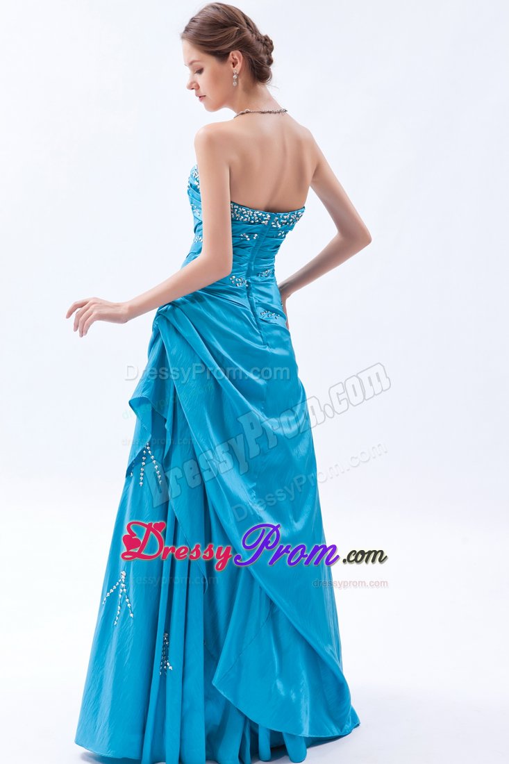 Teal Beading Strapless Taffeta Ruched Prom Dress for Formal Evening