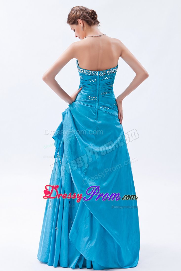 Teal Beading Strapless Taffeta Ruched Prom Dress for Formal Evening