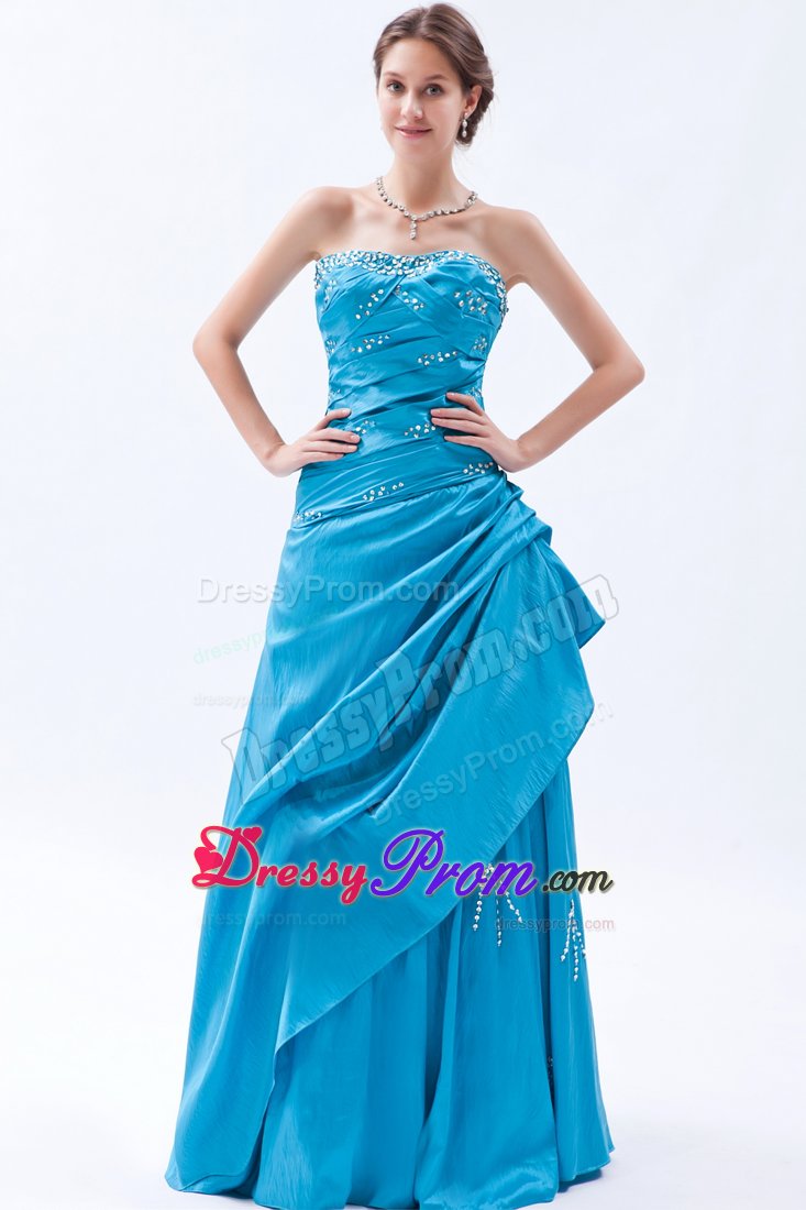 Teal Beading Strapless Taffeta Ruched Prom Dress for Formal Evening