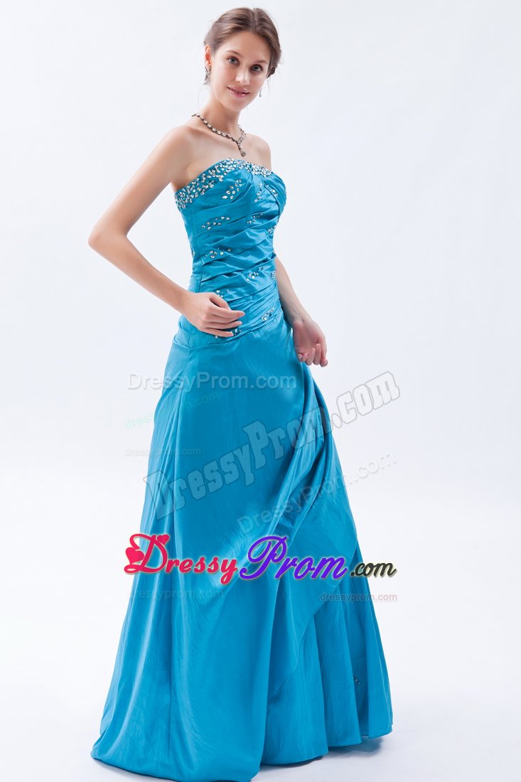 Teal Beading Strapless Taffeta Ruched Prom Dress for Formal Evening