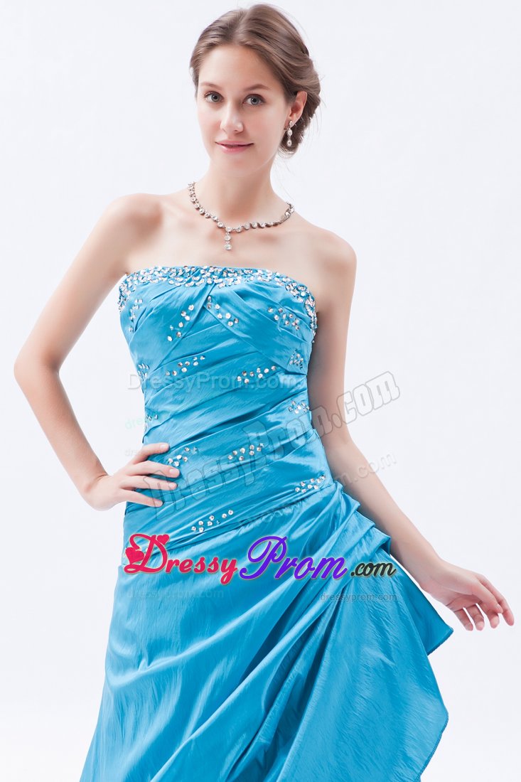 Teal Beading Strapless Taffeta Ruched Prom Dress for Formal Evening