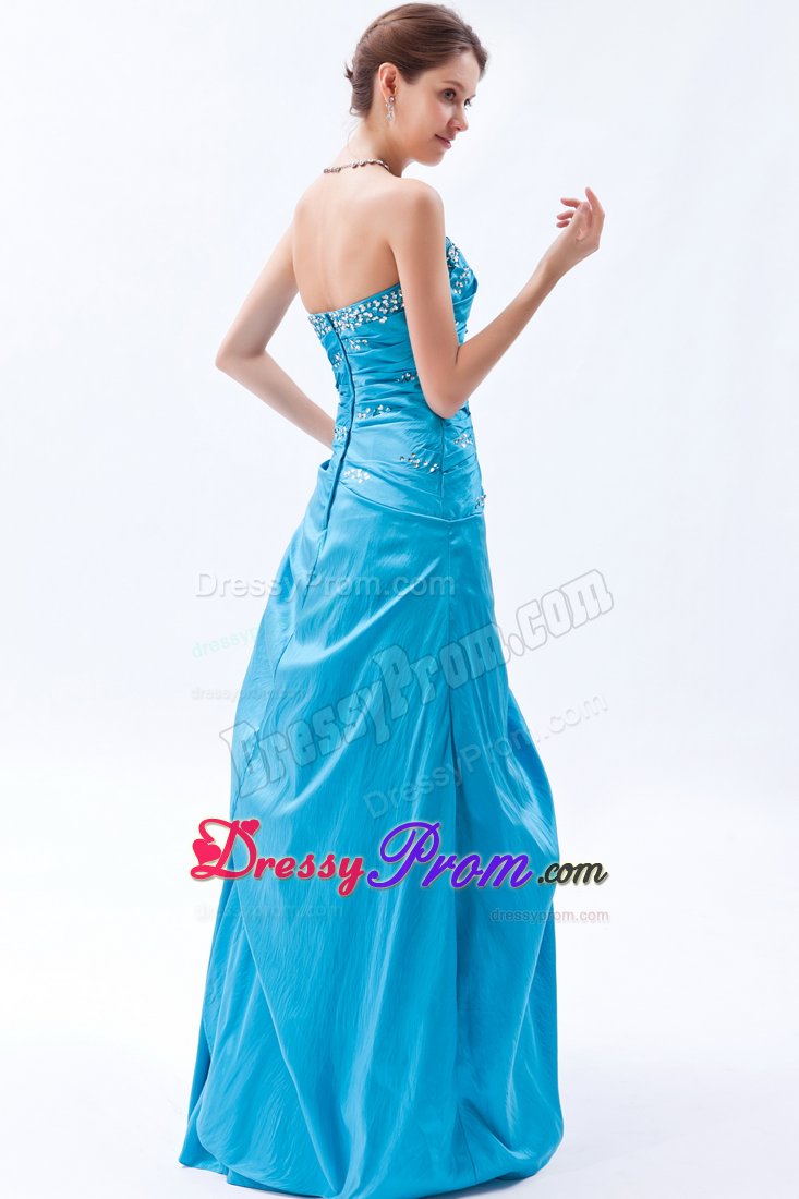Teal Beading Strapless Taffeta Ruched Prom Dress for Formal Evening