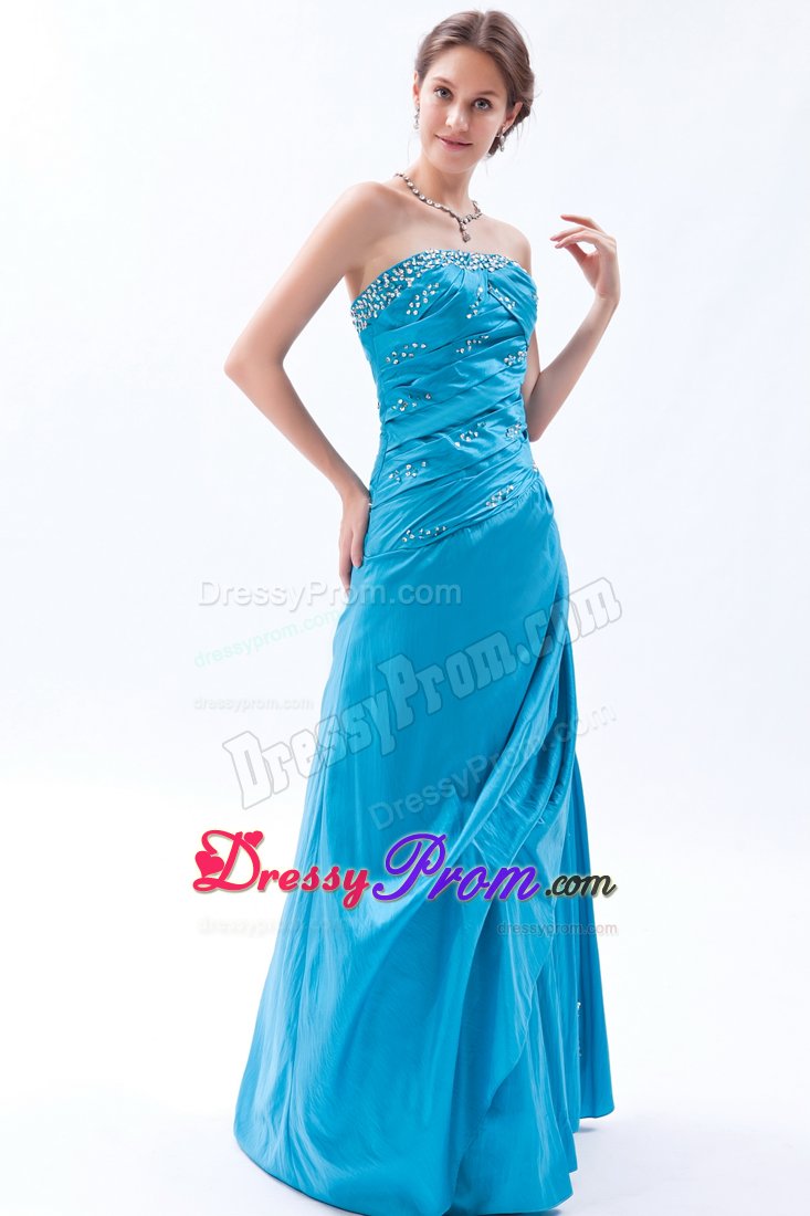 Teal Beading Strapless Taffeta Ruched Prom Dress for Formal Evening