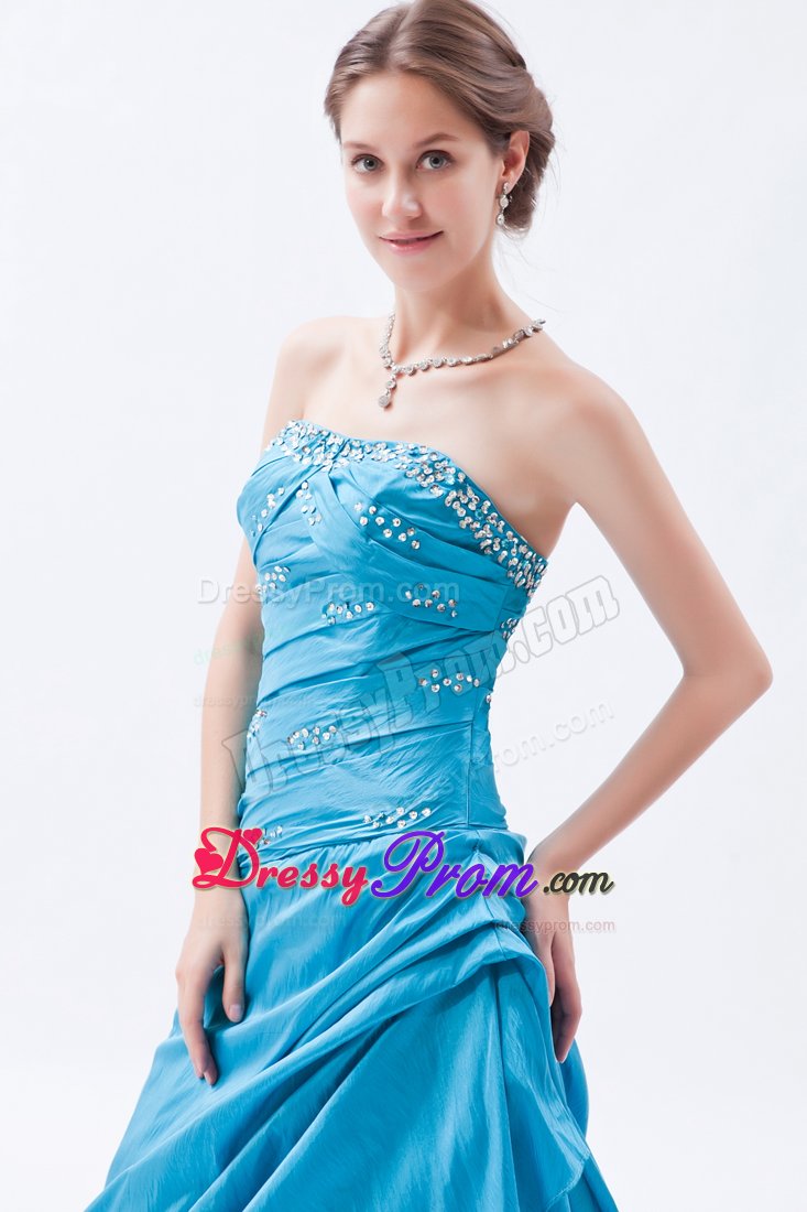 Teal Beading Strapless Taffeta Ruched Prom Dress for Formal Evening