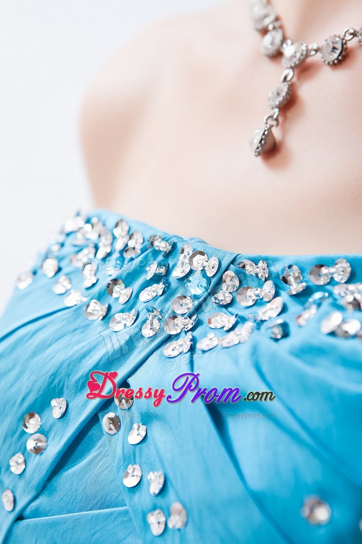 Teal Beading Strapless Taffeta Ruched Prom Dress for Formal Evening