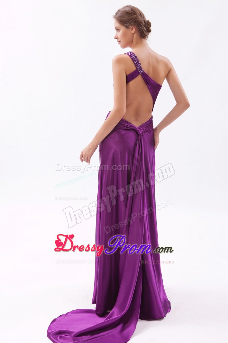 Eggplant Purple Beading One Shoulder Brush Train Evening Dresses