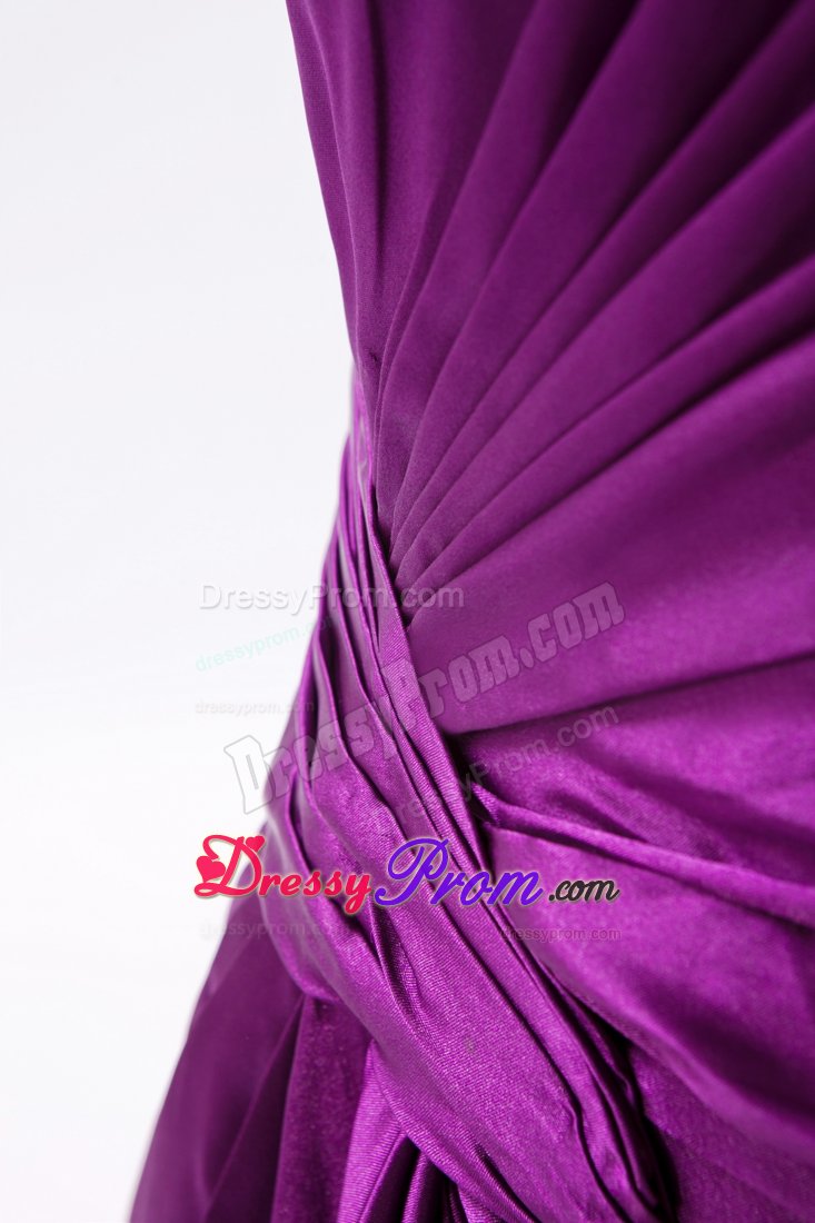 Eggplant Purple Beading One Shoulder Brush Train Evening Dresses