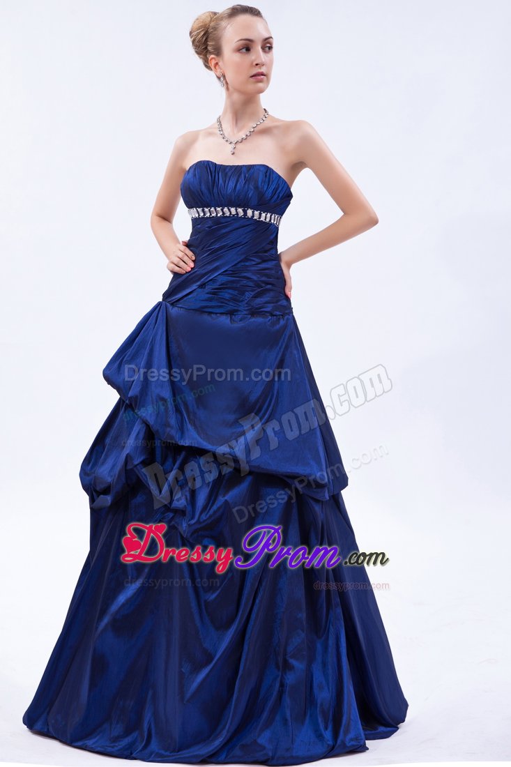 Royal Blue Beading Ruched Taffeta Prom Dama Dresses with Pick-ups