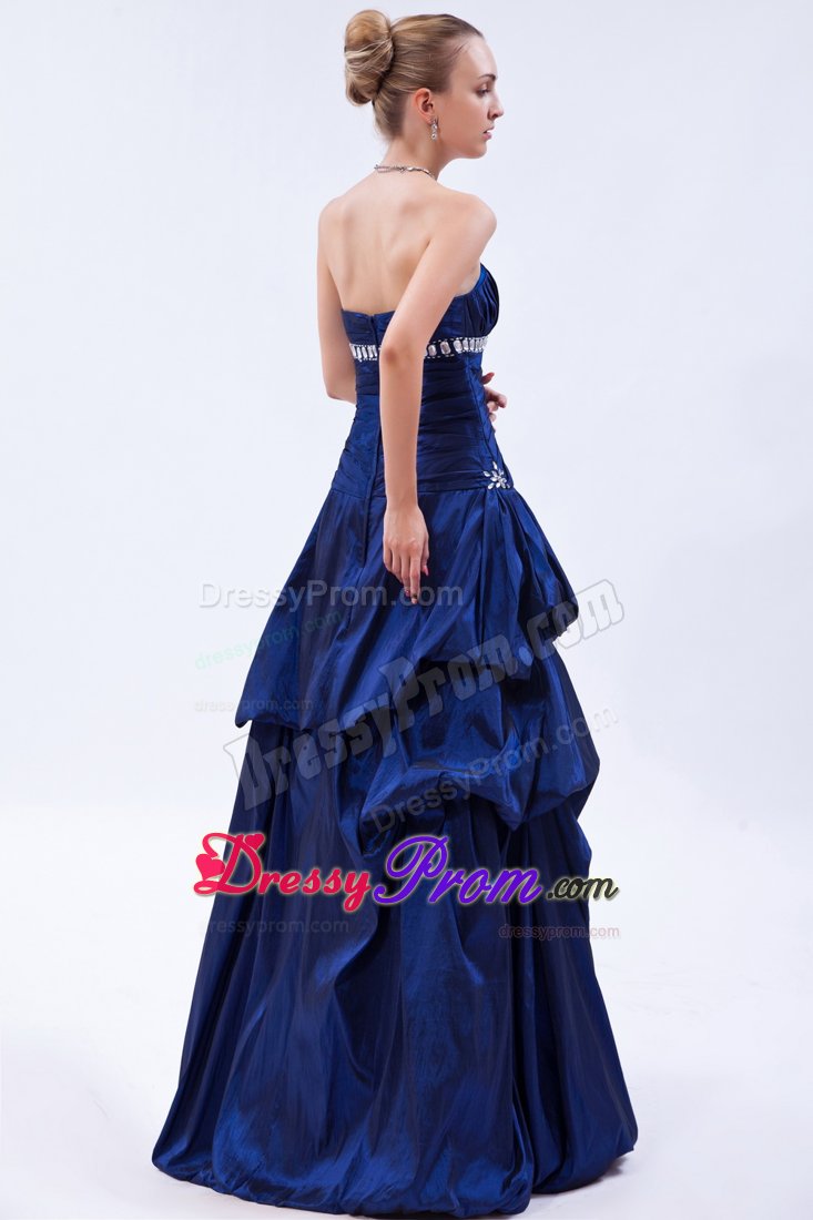 Royal Blue Beading Ruched Taffeta Prom Dama Dresses with Pick-ups