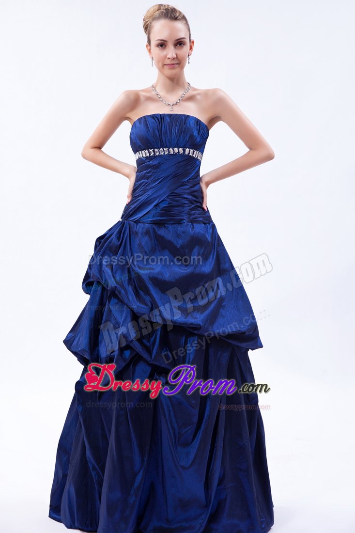 Royal Blue Beading Ruched Taffeta Prom Dama Dresses with Pick-ups