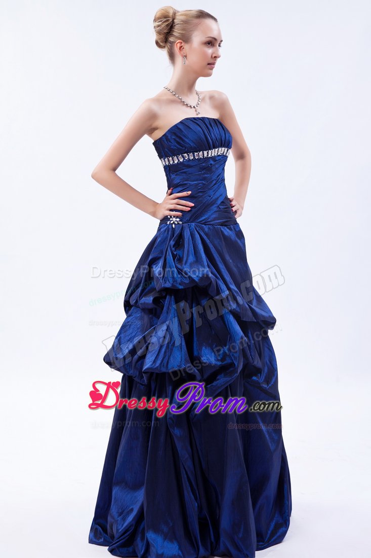 Royal Blue Beading Ruched Taffeta Prom Dama Dresses with Pick-ups