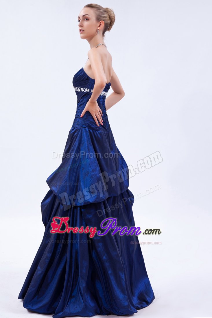 Royal Blue Beading Ruched Taffeta Prom Dama Dresses with Pick-ups