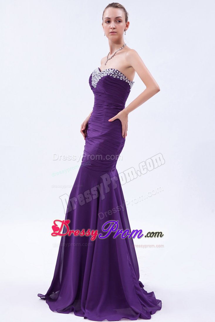 Rhinestone Mermaid Ruched Brush Train Purple Holiday Prom Dresses
