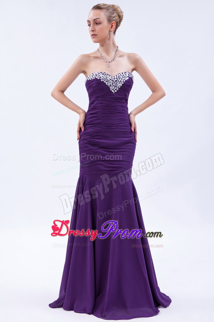 Rhinestone Mermaid Ruched Brush Train Purple Holiday Prom Dresses