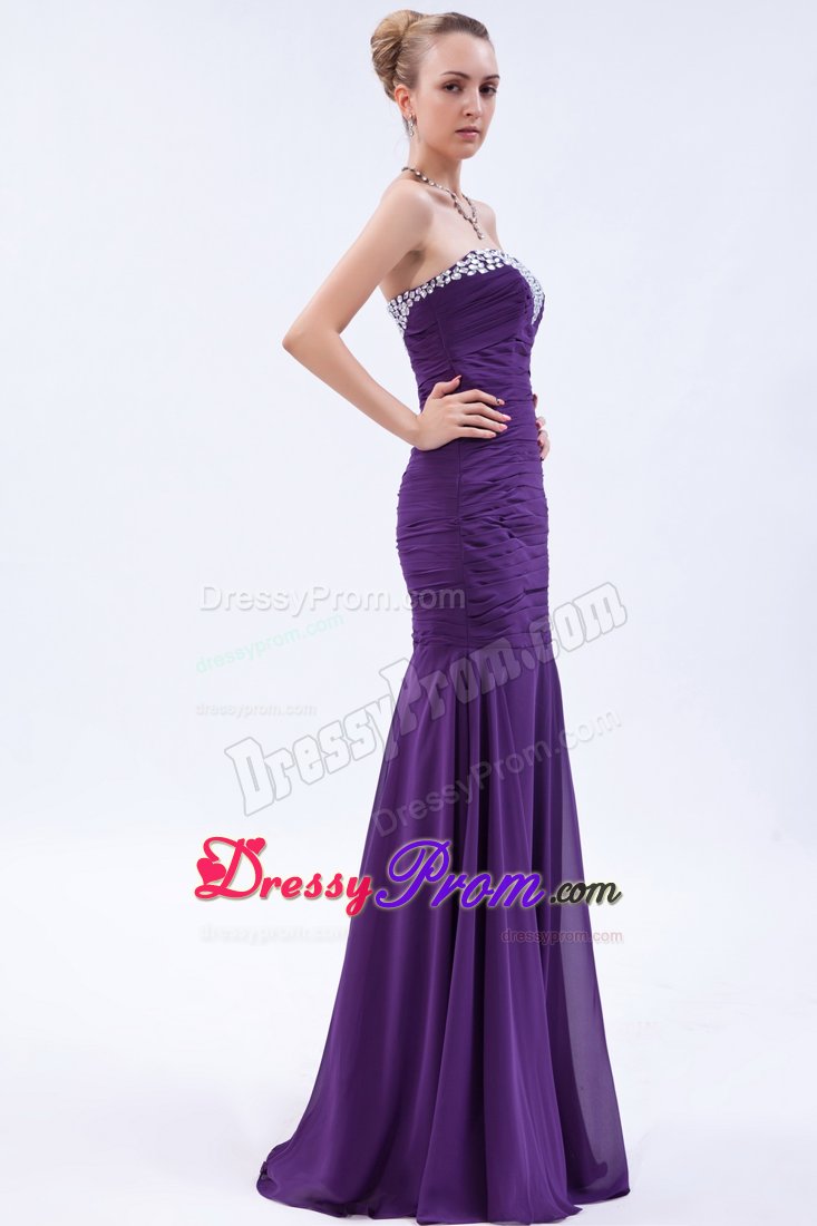Rhinestone Mermaid Ruched Brush Train Purple Holiday Prom Dresses