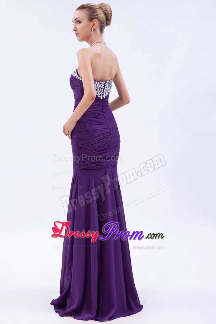 Rhinestone Mermaid Ruched Brush Train Purple Holiday Prom Dresses