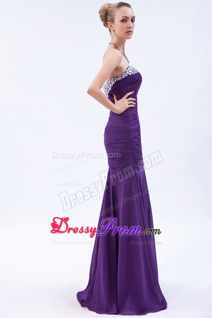 Rhinestone Mermaid Ruched Brush Train Purple Holiday Prom Dresses