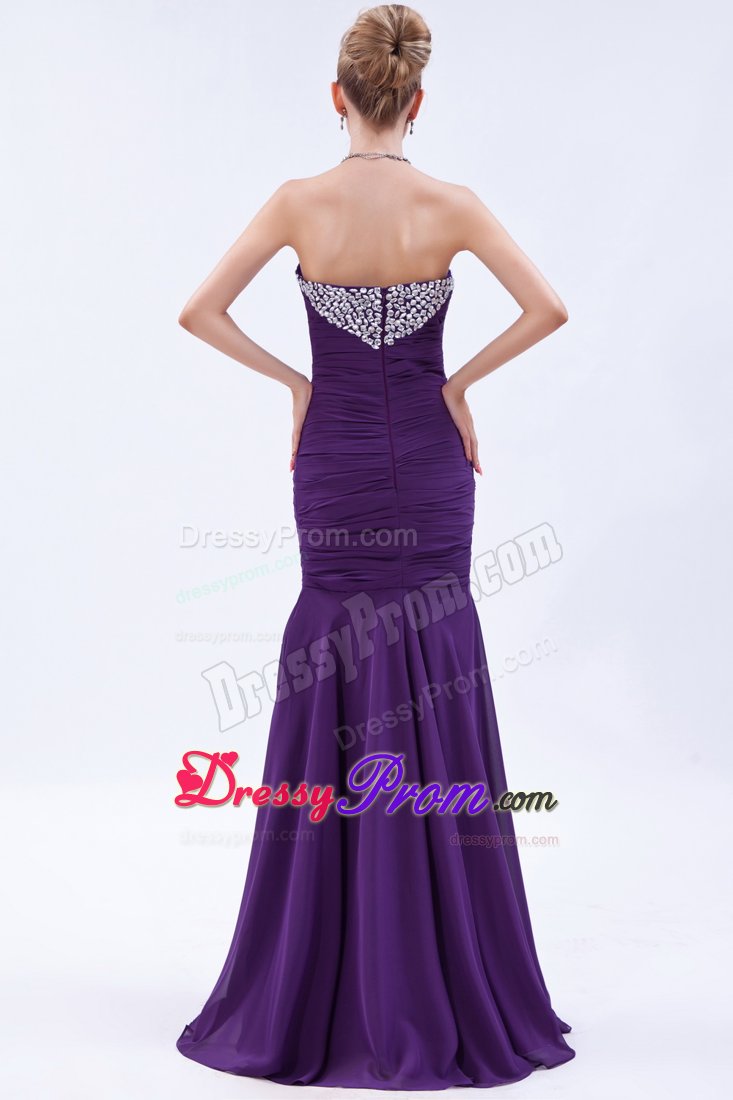 Rhinestone Mermaid Ruched Brush Train Purple Holiday Prom Dresses