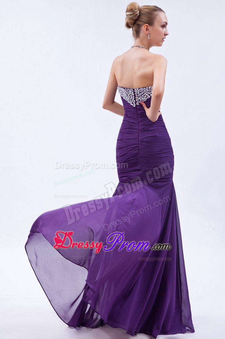 Rhinestone Mermaid Ruched Brush Train Purple Holiday Prom Dresses