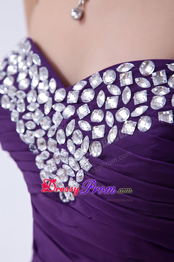 Rhinestone Mermaid Ruched Brush Train Purple Holiday Prom Dresses