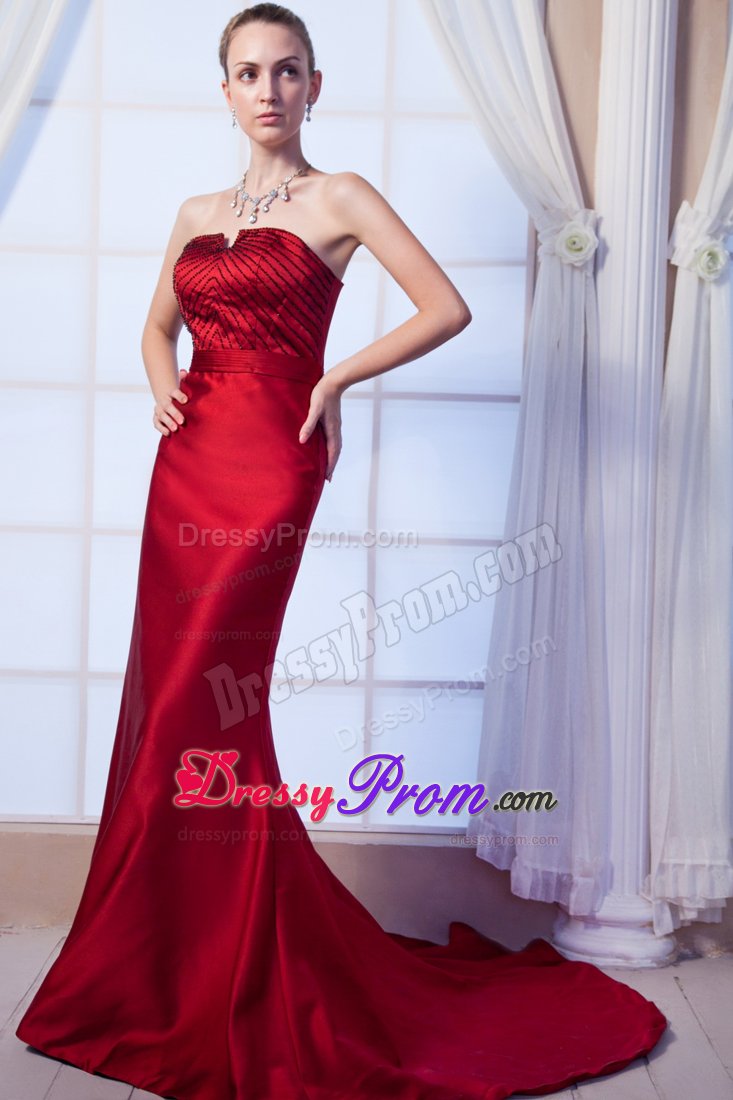 Brush Train Beaded Wine Red Chiffon Celebrity Prom Dress with Belt