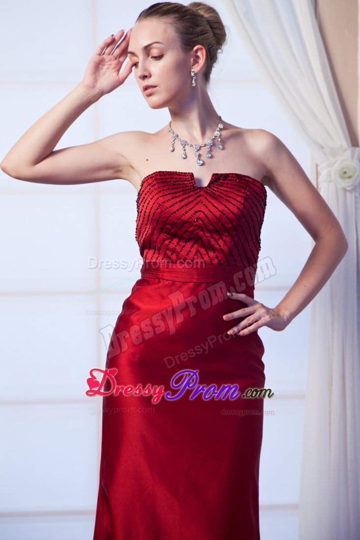 Brush Train Beaded Wine Red Chiffon Celebrity Prom Dress with Belt