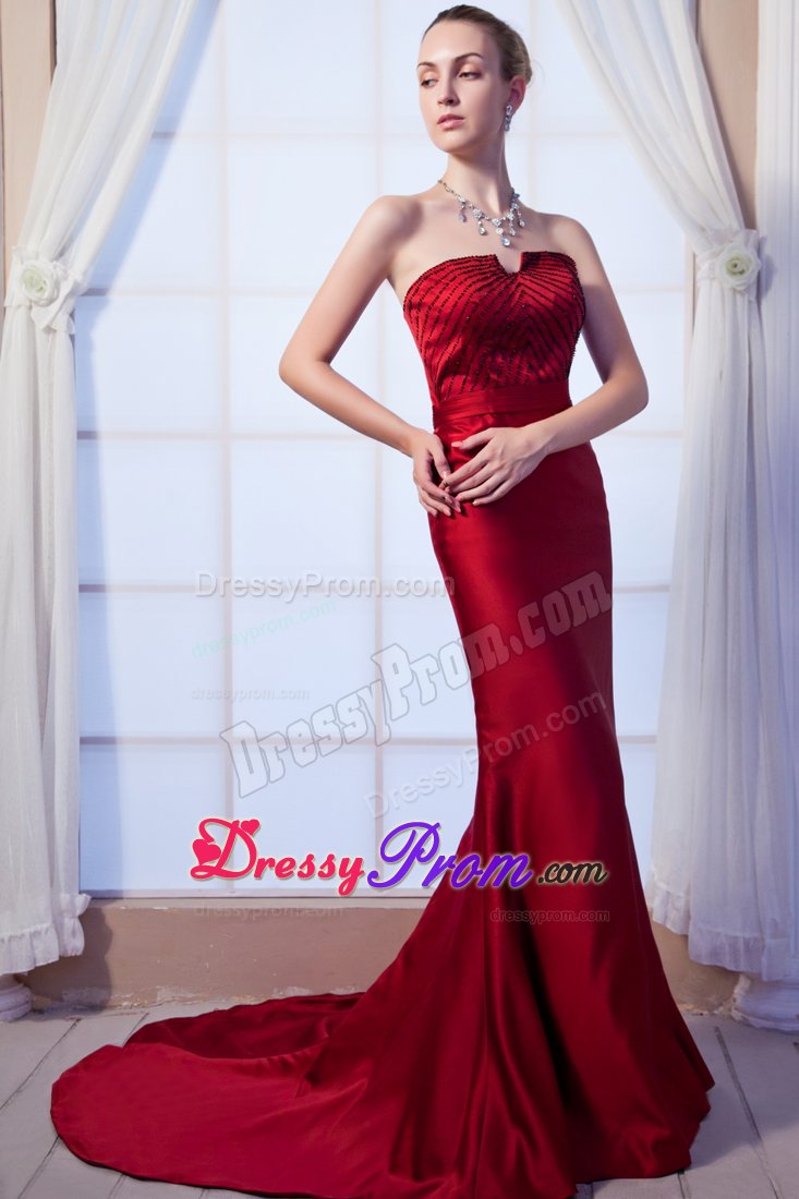 Brush Train Beaded Wine Red Chiffon Celebrity Prom Dress with Belt