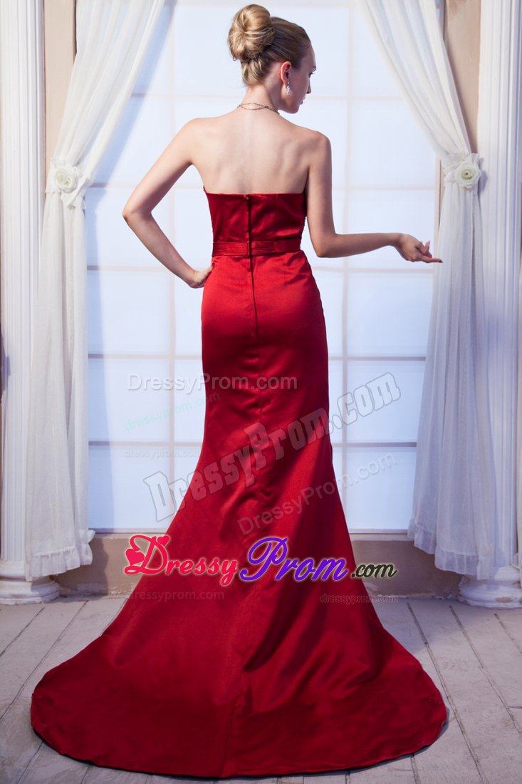 Brush Train Beaded Wine Red Chiffon Celebrity Prom Dress with Belt