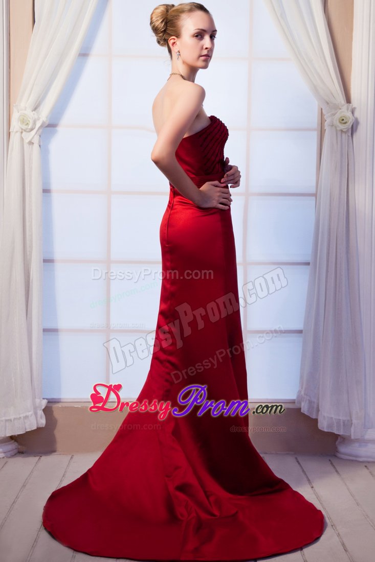Brush Train Beaded Wine Red Chiffon Celebrity Prom Dress with Belt
