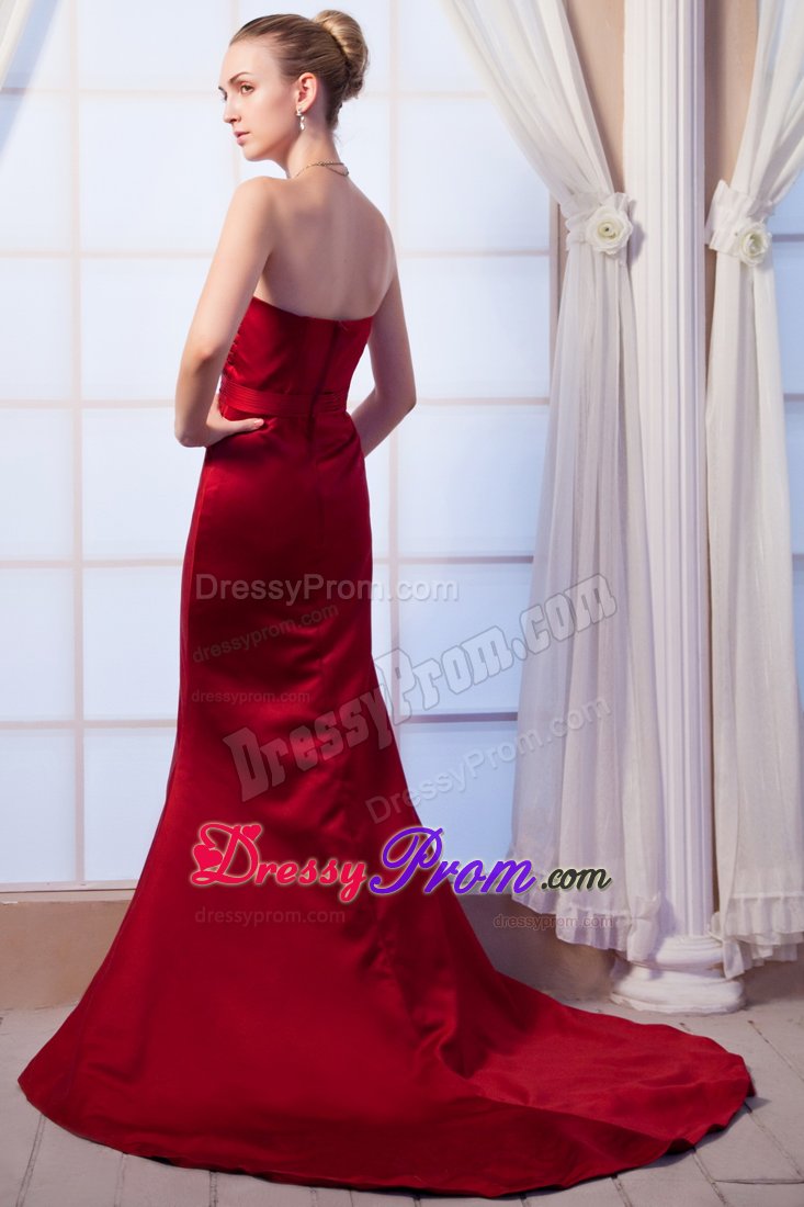 Brush Train Beaded Wine Red Chiffon Celebrity Prom Dress with Belt