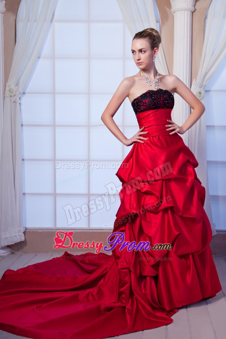 Lace Beading Red Taffeta Prom Graduation Dress with Chapel Train