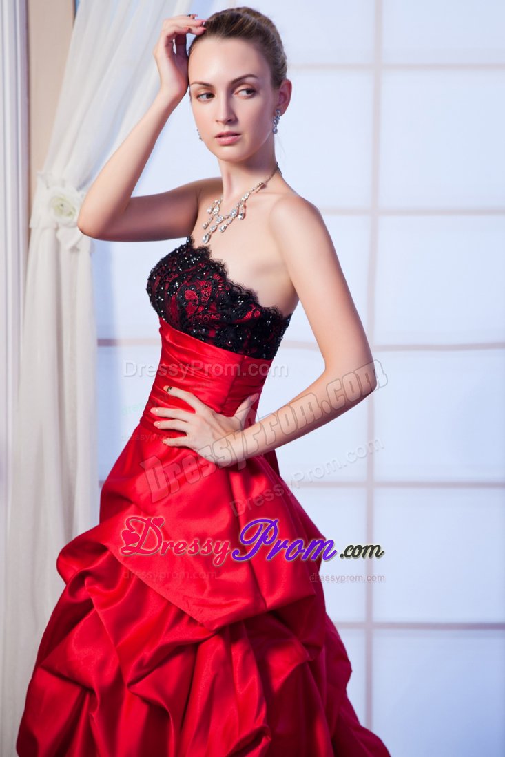 Lace Beading Red Taffeta Prom Graduation Dress with Chapel Train